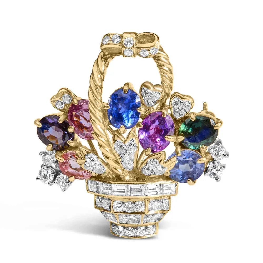 18K Yellow Gold 1 1/10 Cttw Diamond and Mixed Gemstone Floral Bouquet Pendant and Brooch Pin (G-H Color, VS1-VS2 Clarity) - Bijoux-NYC Direct