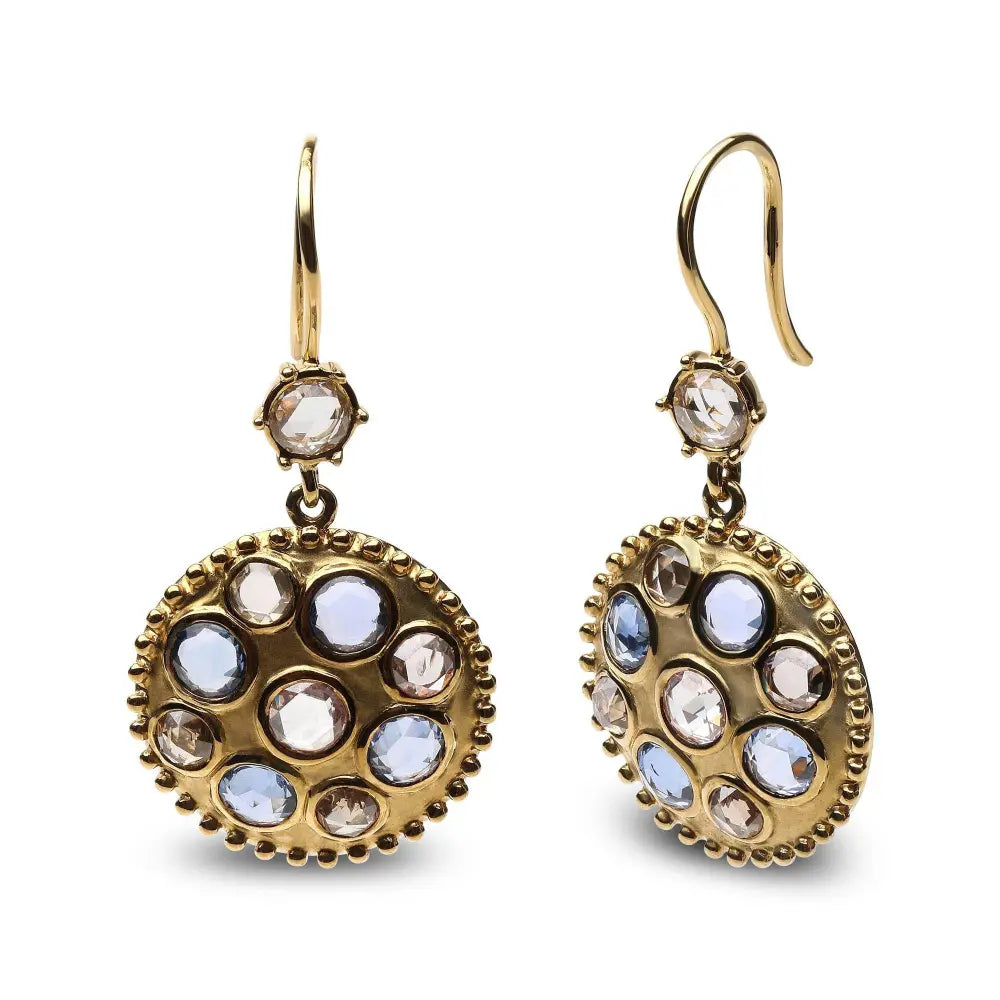 18K Yellow Gold 1 2/3 Cttw Diamond and Blue Sapphire Bezel Set Gemstone Cluster Medallion Dangle Earrings (Brown and G-H Color, SI1-SI2 Clarity) - Bijoux-NYC Direct