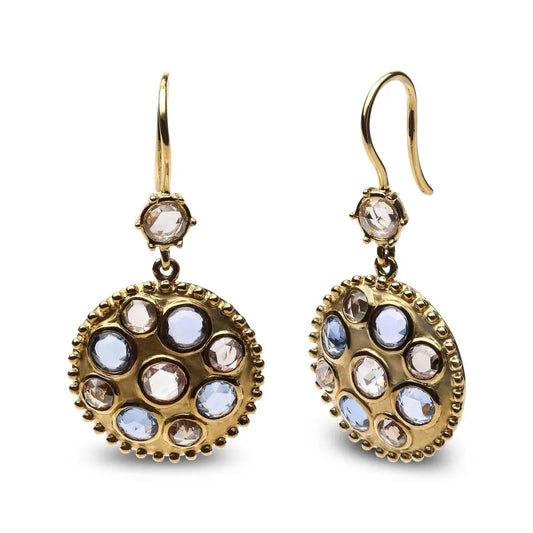 18K Yellow Gold 1 2/3 Cttw Diamond and Blue Sapphire Bezel Set Gemstone Cluster Medallion Dangle Earrings (Brown and G-H Color, SI1-SI2 Clarity) - Bijoux-NYC Direct