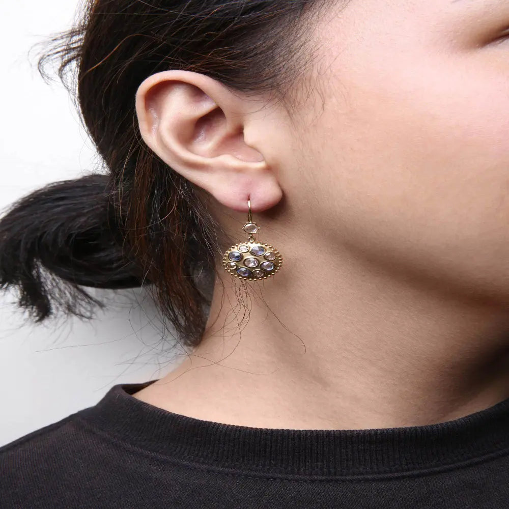 18K Yellow Gold 1 2/3 Cttw Diamond and Blue Sapphire Bezel Set Gemstone Cluster Medallion Dangle Earrings (Brown and G-H Color, SI1-SI2 Clarity) - Bijoux-NYC Direct