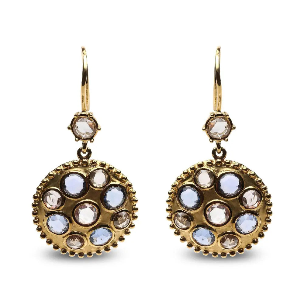 18K Yellow Gold 1 2/3 Cttw Diamond and Blue Sapphire Bezel Set Gemstone Cluster Medallion Dangle Earrings (Brown and G-H Color, SI1-SI2 Clarity) - Bijoux-NYC Direct