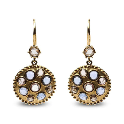 18K Yellow Gold 1 2/3 Cttw Diamond and Blue Sapphire Bezel Set Gemstone Cluster Medallion Dangle Earrings (Brown and G-H Color, SI1-SI2 Clarity) - Bijoux-NYC Direct