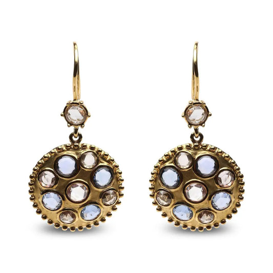 18K Yellow Gold 1 2/3 Cttw Diamond and Blue Sapphire Bezel Set Gemstone Cluster Medallion Dangle Earrings (Brown and G-H Color, SI1-SI2 Clarity) - Bijoux-NYC Direct