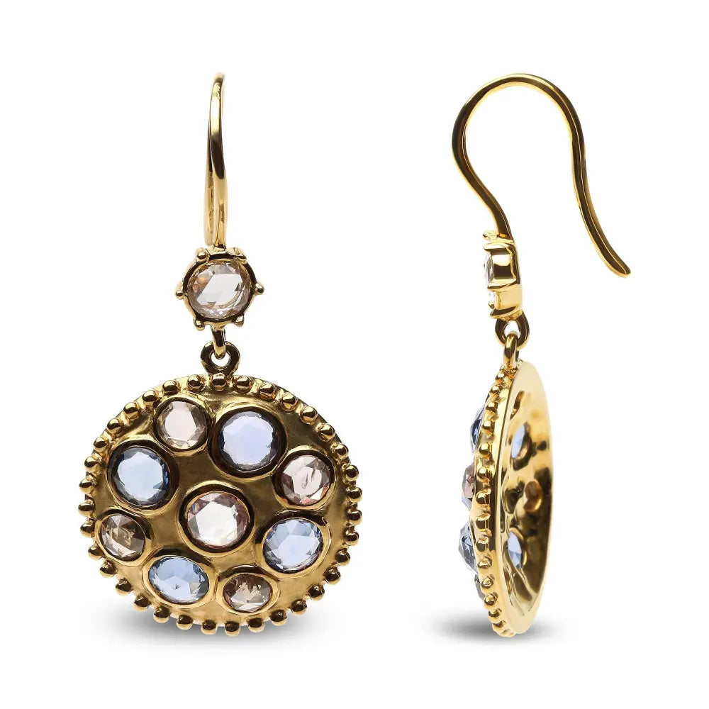 18K Yellow Gold 1 2/3 Cttw Diamond and Blue Sapphire Bezel Set Gemstone Cluster Medallion Dangle Earrings (Brown and G-H Color, SI1-SI2 Clarity) - Bijoux-NYC Direct