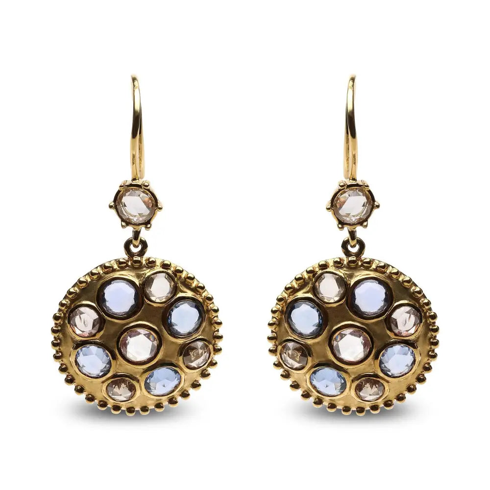 18k yellow gold 1 2/3 cttw sapphire and diamond medallion dangle earrings bijoux-nyc direct
