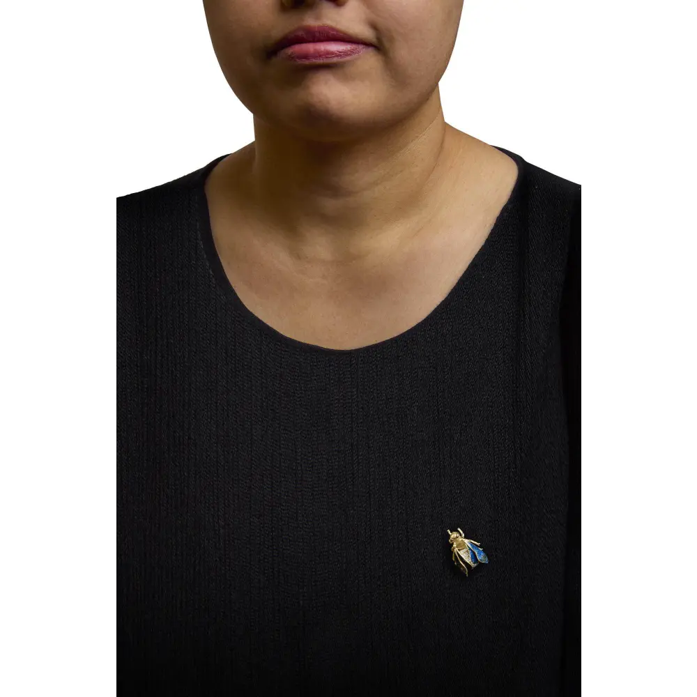 18K Yellow Gold 1/2 Cttw Pave Set Diamond and Blue-Green Enamel Bumblebee Brooch Pin (F-G Color, VS1-VS2 Clarity) - Bijoux-NYC Direct