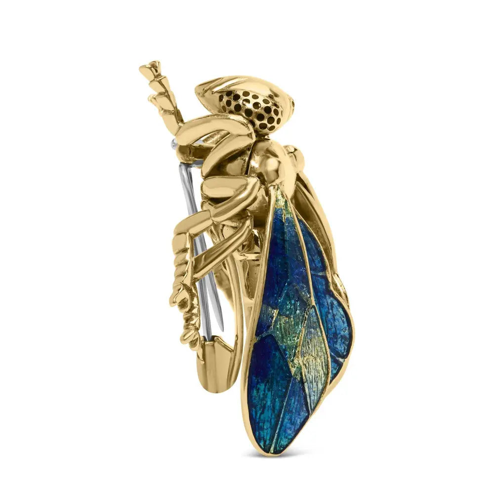 18K Yellow Gold 1/2 Cttw Pave Set Diamond and Blue-Green Enamel Bumblebee Brooch Pin (F-G Color, VS1-VS2 Clarity) - Bijoux-NYC Direct