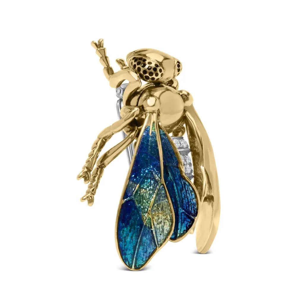 18K Yellow Gold 1/2 Cttw Pave Set Diamond and Blue-Green Enamel Bumblebee Brooch Pin (F-G Color, VS1-VS2 Clarity) - Bijoux-NYC Direct