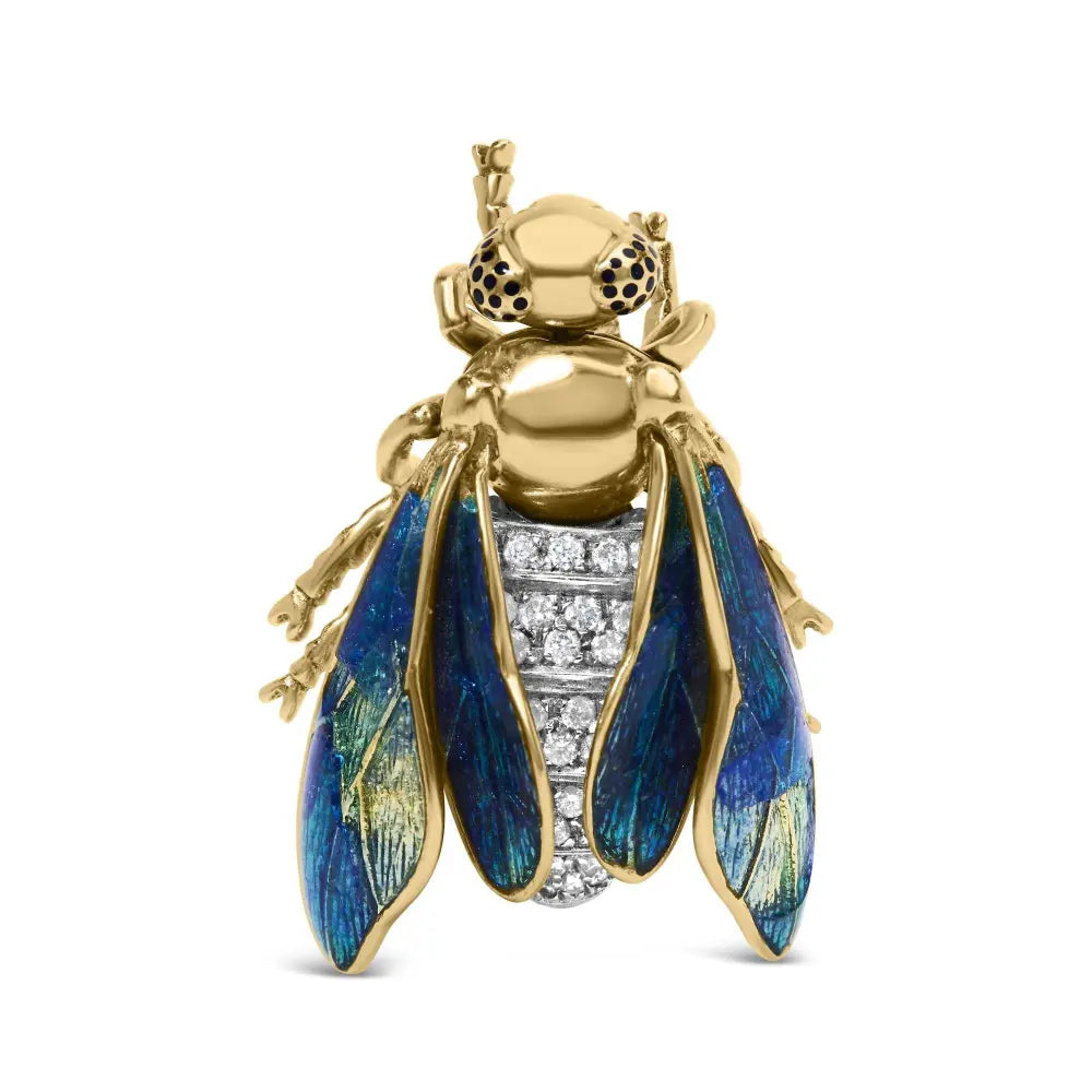 18K Yellow Gold 1/2 Cttw Pave Set Diamond and Blue-Green Enamel Bumblebee Brooch Pin (F-G Color, VS1-VS2 Clarity) - Bijoux-NYC Direct