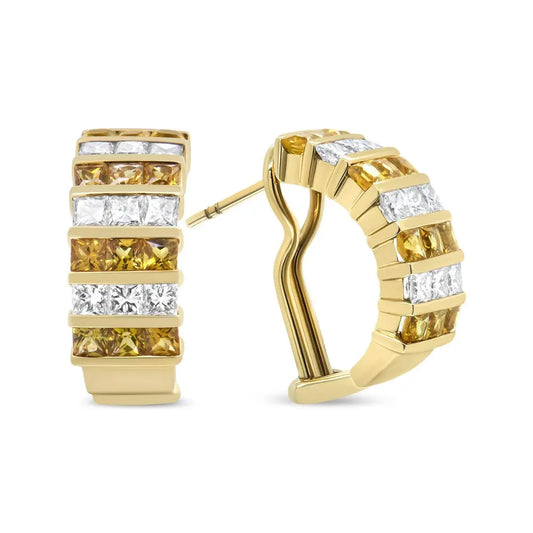 18K Yellow Gold 1 3/4 Cttw Invisible Set Princess Cut Diamond and 2.5mm Yellow Sapphire Huggie Hoop Earrings (F-G Color, VS1-VS2 Clarity) - Bijoux-NYC Direct