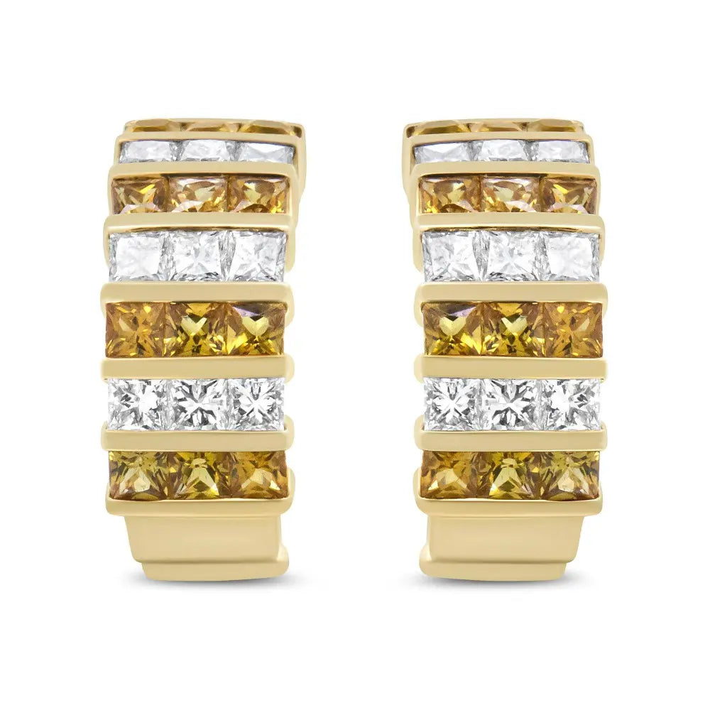 18K Yellow Gold 1 3/4 Cttw Invisible Set Princess Cut Diamond and 2.5mm Yellow Sapphire Huggie Hoop Earrings (F-G Color, VS1-VS2 Clarity) - Bijoux-NYC Direct