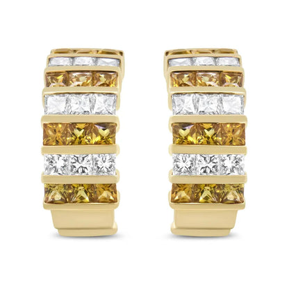 18K Yellow Gold 1 3/4 Cttw Invisible Set Princess Cut Diamond and 2.5mm Yellow Sapphire Huggie Hoop Earrings (F-G Color, VS1-VS2 Clarity) - Bijoux-NYC Direct