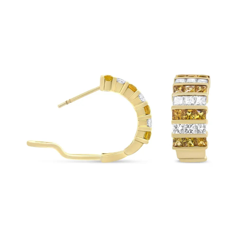 18K Yellow Gold 1 3/4 Cttw Invisible Set Princess Cut Diamond and 2.5mm Yellow Sapphire Huggie Hoop Earrings (F-G Color, VS1-VS2 Clarity) - Bijoux-NYC Direct