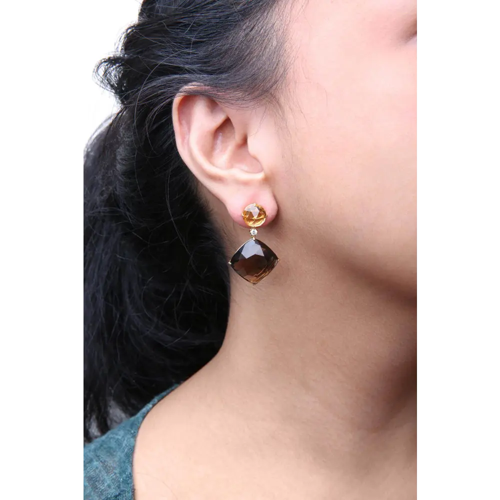 18K Yellow Gold 1/5 Cttw Diamond with Round Yellow Citrine and 25mm Cushion Cut Smoky Quartz Gemstone Dangle Earring (G-H Color, SI1-SI2 Clarity) - Bijoux-NYC Direct