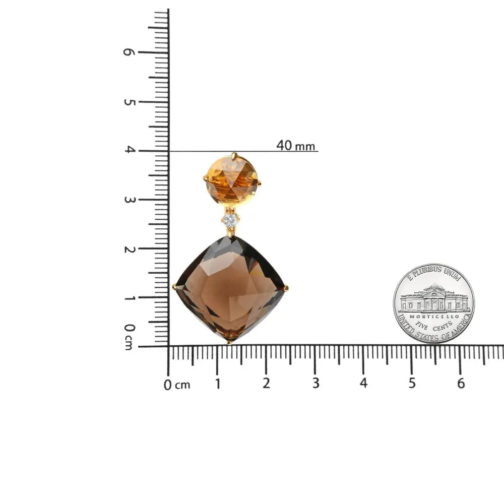 18K Yellow Gold 1/5 Cttw Diamond with Round Yellow Citrine and 25mm Cushion Cut Smoky Quartz Gemstone Dangle Earring (G-H Color, SI1-SI2 Clarity) - Bijoux-NYC Direct