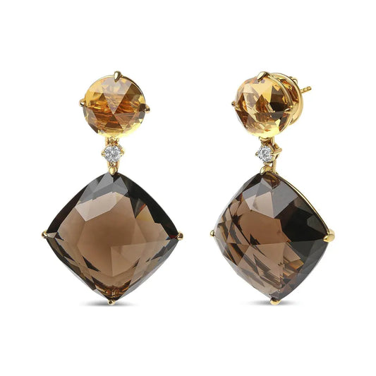 18K Yellow Gold 1/5 Cttw Diamond with Round Yellow Citrine and 25mm Cushion Cut Smoky Quartz Gemstone Dangle Earring (G-H Color, SI1-SI2 Clarity) - Bijoux-NYC Direct