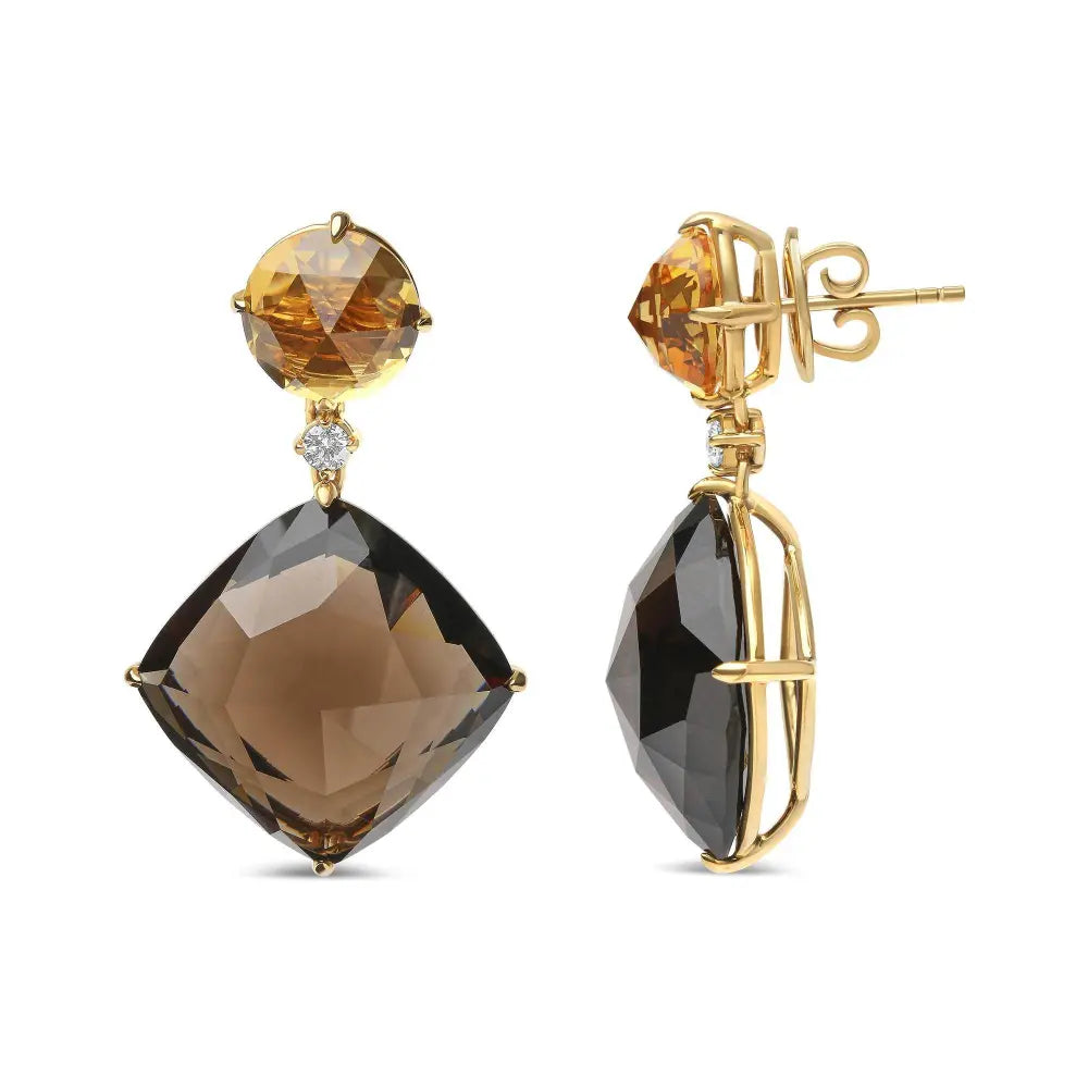 18K Yellow Gold 1/5 Cttw Diamond with Round Yellow Citrine and 25mm Cushion Cut Smoky Quartz Gemstone Dangle Earring (G-H Color, SI1-SI2 Clarity) - Bijoux-NYC Direct