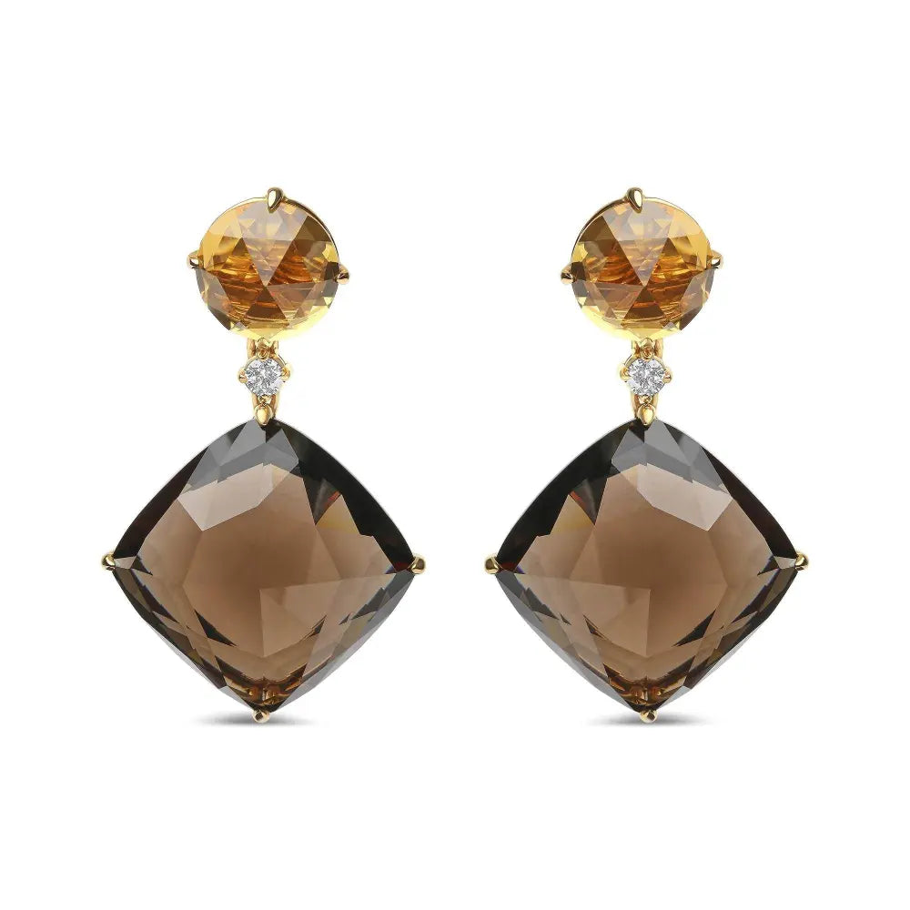 18K Yellow Gold 1/5 Cttw Diamond with Round Yellow Citrine and 25mm Cushion Cut Smoky Quartz Gemstone Dangle Earring (G-H Color, SI1-SI2 Clarity) - Bijoux-NYC Direct