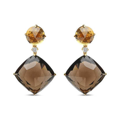 18K Yellow Gold 1/5 Cttw Diamond with Round Yellow Citrine and 25mm Cushion Cut Smoky Quartz Gemstone Dangle Earring (G-H Color, SI1-SI2 Clarity) - Bijoux-NYC Direct