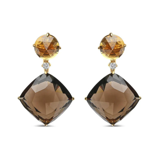 18K Yellow Gold 1/5 Cttw Diamond with Round Yellow Citrine and 25mm Cushion Cut Smoky Quartz Gemstone Dangle Earring (G-H Color, SI1-SI2 Clarity) - Bijoux-NYC Direct