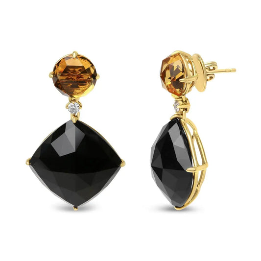 18K Yellow Gold 1/5 Cttw Diamond with Round Yellow Citrine and Cushion Cut Black Onyx Gemstone Dangle Earring (G-H Color, SI1-SI2 Clarity) - Bijoux-NYC Direct