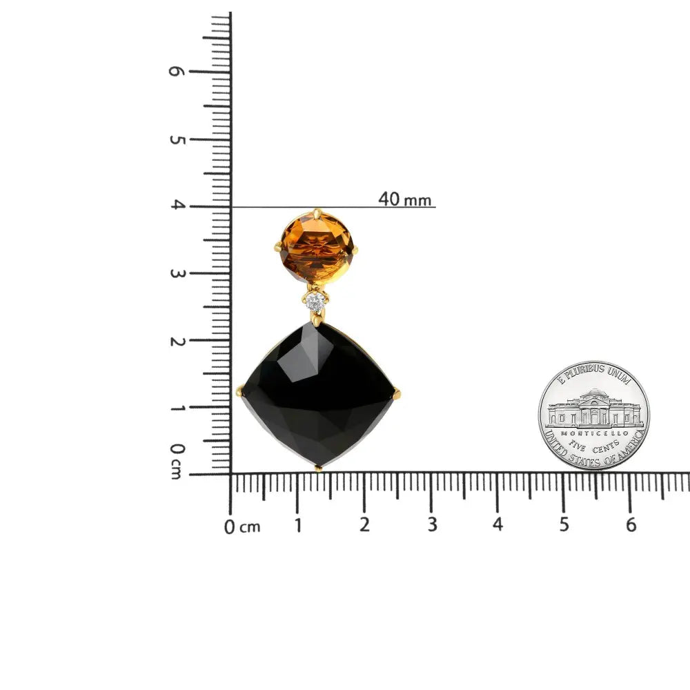 18K Yellow Gold 1/5 Cttw Diamond with Round Yellow Citrine and Cushion Cut Black Onyx Gemstone Dangle Earring (G-H Color, SI1-SI2 Clarity) - Bijoux-NYC Direct