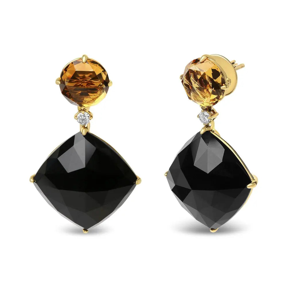 18K Yellow Gold 1/5 Cttw Diamond with Round Yellow Citrine and Cushion Cut Black Onyx Gemstone Dangle Earring (G-H Color, SI1-SI2 Clarity) - Bijoux-NYC Direct