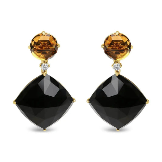 18K Yellow Gold 1/5 Cttw Diamond with Round Yellow Citrine and Cushion Cut Black Onyx Gemstone Dangle Earring (G-H Color, SI1-SI2 Clarity) - Bijoux-NYC Direct