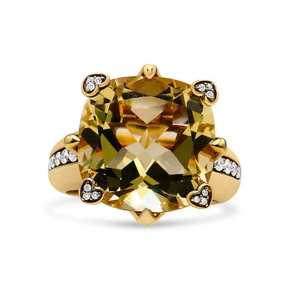 18K Yellow Gold 15x15mm Cushion Cut Lemon Quartz and 1/4 Cttw Diamond Accented Cocktail Ring (F-G Color, VS1-VS2 Clarity) - Bijoux-NYC Direct