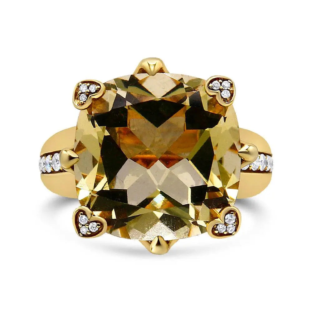 18K Yellow Gold 15x15mm Cushion Cut Lemon Quartz and 1/4 Cttw Diamond Accented Cocktail Ring (F-G Color, VS1-VS2 Clarity) - Bijoux-NYC Direct