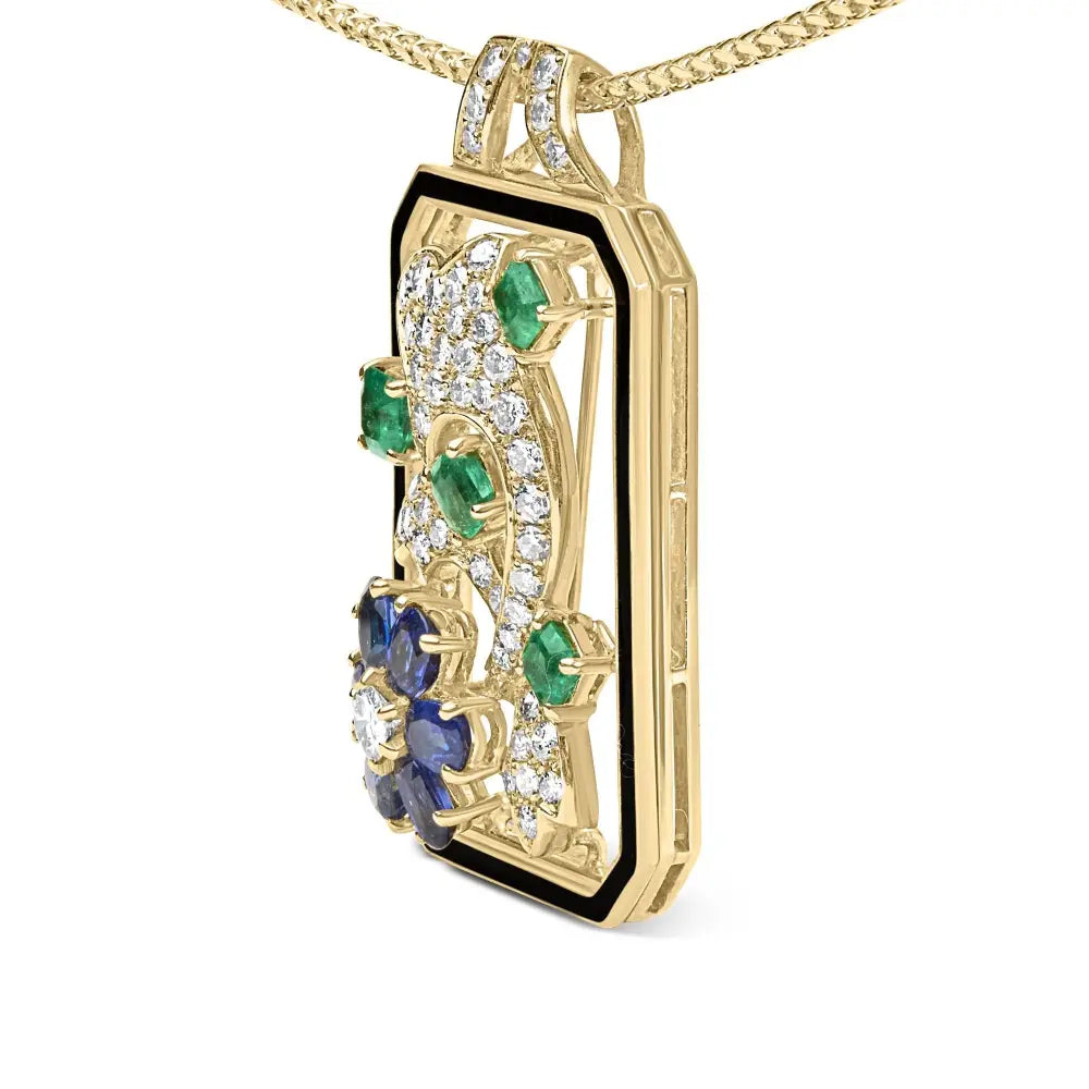 18k gold 2 1/3 cttw diamond sapphire emerald dolphin dog tag brooch necklace bijoux-nyc direct