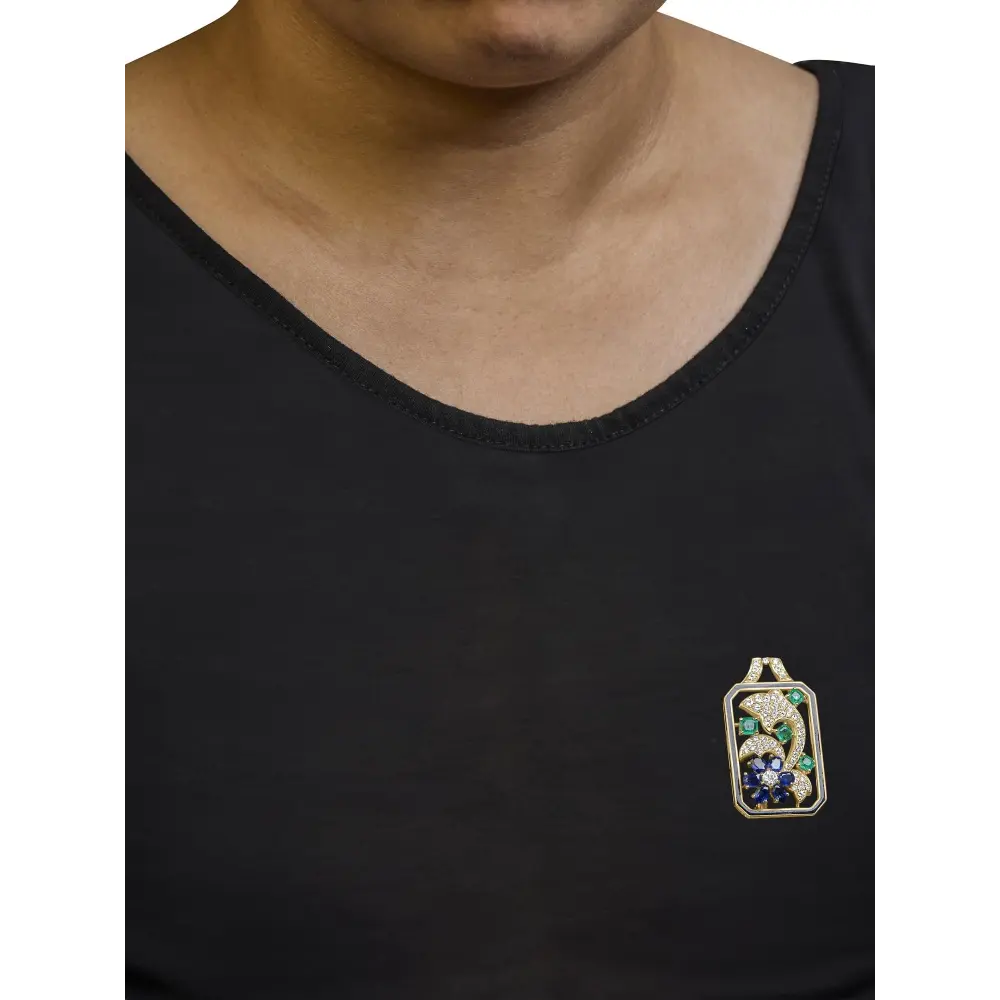 18k yellow gold 2 1/3 cttw diamond sapphire and emerald dog tag with dolphin silhouette convertible 18’’ pendant necklace brooch
