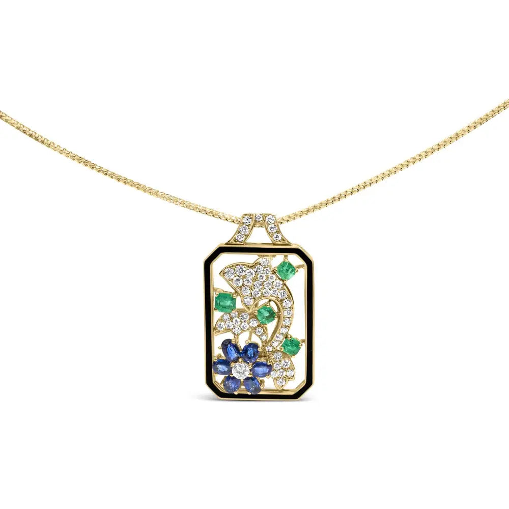 18k gold 2 1/3 cttw diamond sapphire emerald dolphin dog tag brooch necklace bijoux-nyc direct