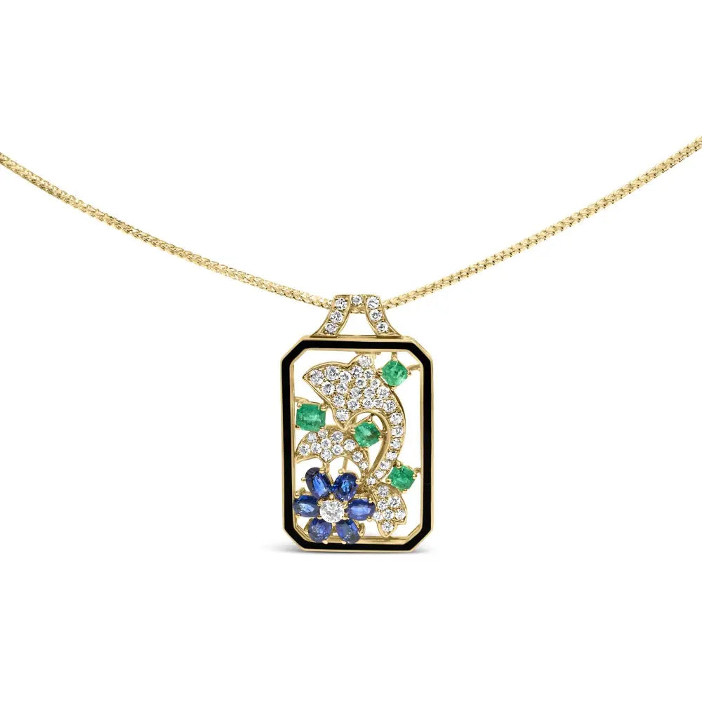 18k yellow gold 2 1/3 cttw diamond sapphire and emerald dog tag with dolphin silhouette convertible 18’’ pendant necklace brooch