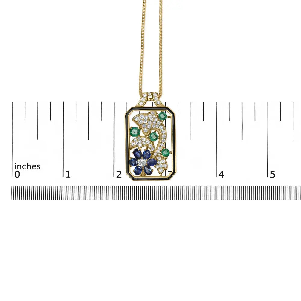 18k yellow gold 2 1/3 cttw diamond sapphire and emerald dog tag with dolphin silhouette convertible 18’’ pendant necklace brooch