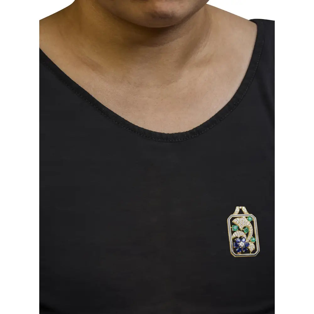 18k gold 2 1/3 cttw diamond sapphire emerald dolphin dog tag brooch necklace bijoux-nyc direct
