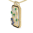 18k yellow gold 2 1/3 cttw diamond sapphire and emerald dog tag with dolphin silhouette convertible 18’’ pendant necklace brooch