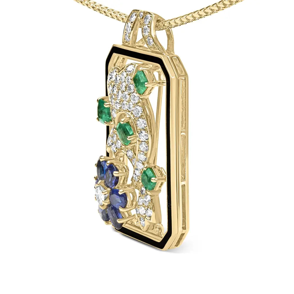 18k yellow gold 2 1/3 cttw diamond sapphire and emerald dog tag with dolphin silhouette convertible 18’’ pendant necklace brooch
