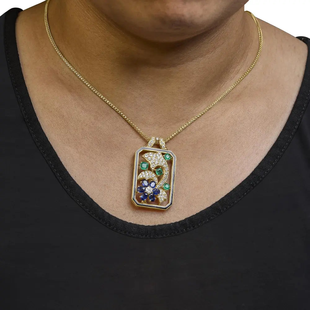 18k yellow gold 2 1/3 cttw diamond sapphire and emerald dog tag with dolphin silhouette convertible 18’’ pendant necklace brooch