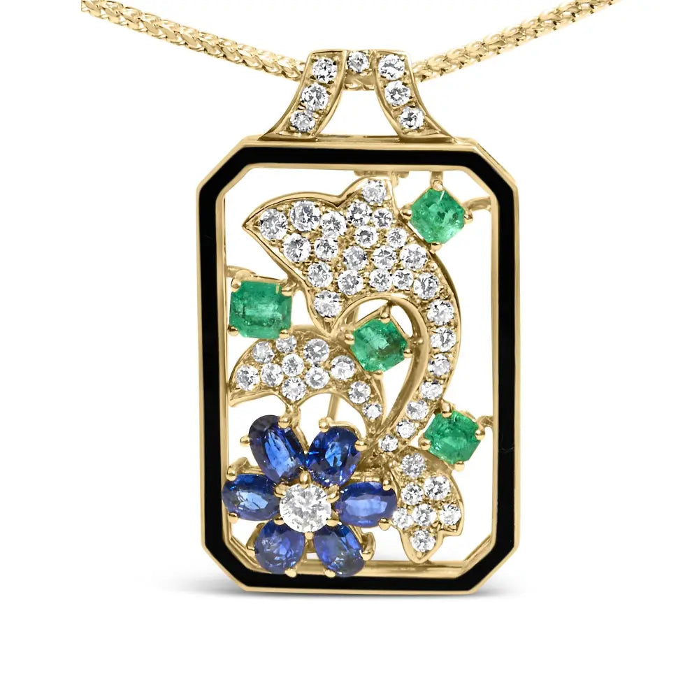 18k yellow gold 2 1/3 cttw diamond sapphire and emerald dog tag with dolphin silhouette convertible 18’’ pendant necklace brooch