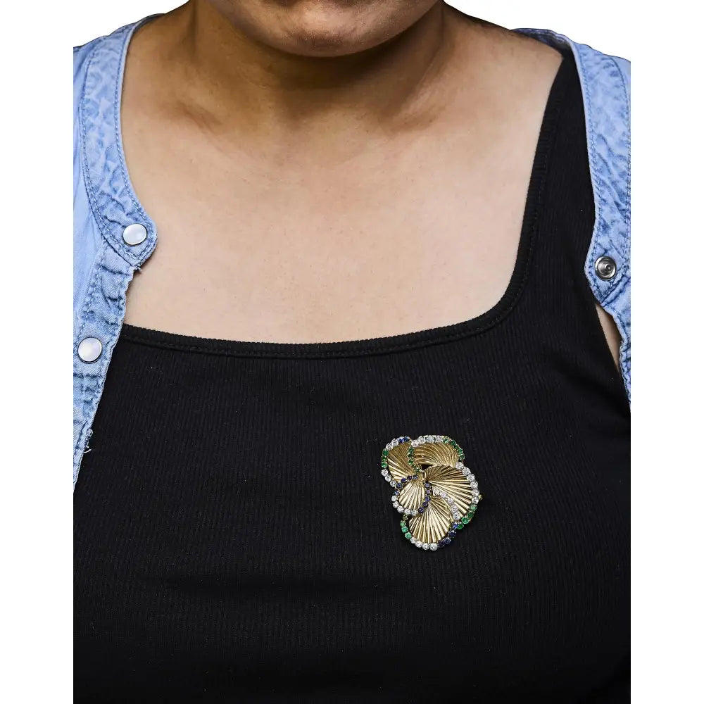 18k yellow gold diamond sapphire and emerald sculpted petal brooch 2 1/3 cttw bijoux-nyc direct
