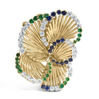 18K Yellow Gold 2 1/3 Cttw Diamond, Sapphire, and Emerald Sculpted Petal Brooch Pin (G-H Color, VS1-VS2 Clarity) - Bijoux-NYC Direct