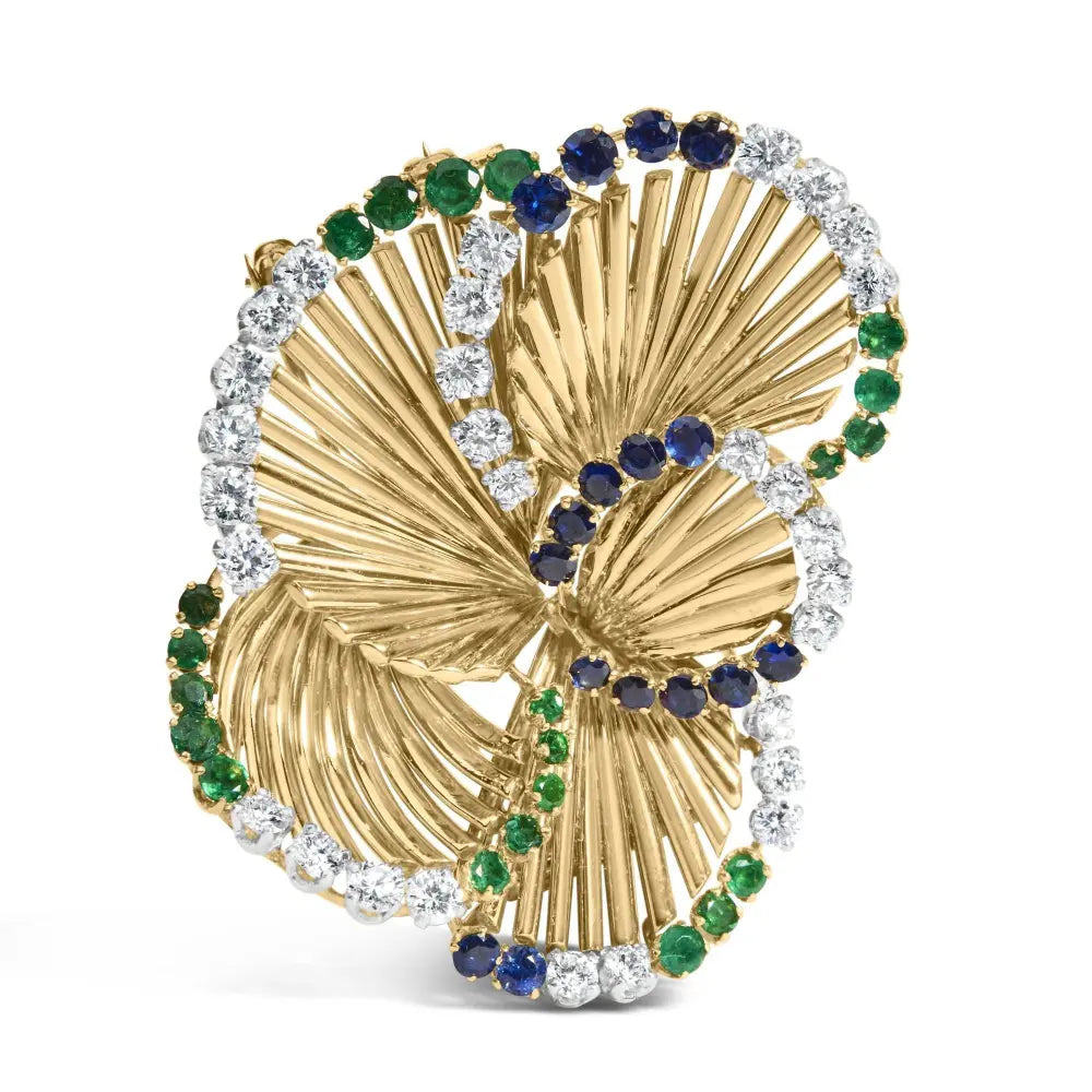 18K Yellow Gold 2 1/3 Cttw Diamond, Sapphire, and Emerald Sculpted Petal Brooch Pin (G-H Color, VS1-VS2 Clarity) - Bijoux-NYC Direct