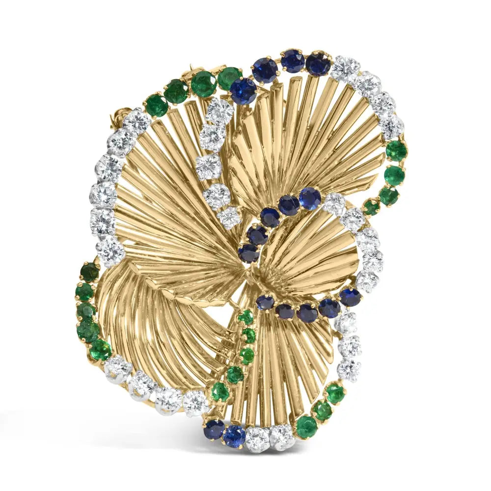 18k yellow gold diamond sapphire and emerald sculpted petal brooch 2 1/3 cttw bijoux-nyc direct