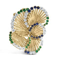 18k yellow gold diamond sapphire and emerald sculpted petal brooch 2 1/3 cttw bijoux-nyc direct