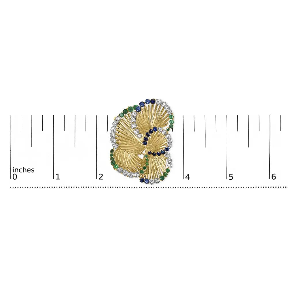 18k yellow gold diamond sapphire and emerald sculpted petal brooch 2 1/3 cttw bijoux-nyc direct
