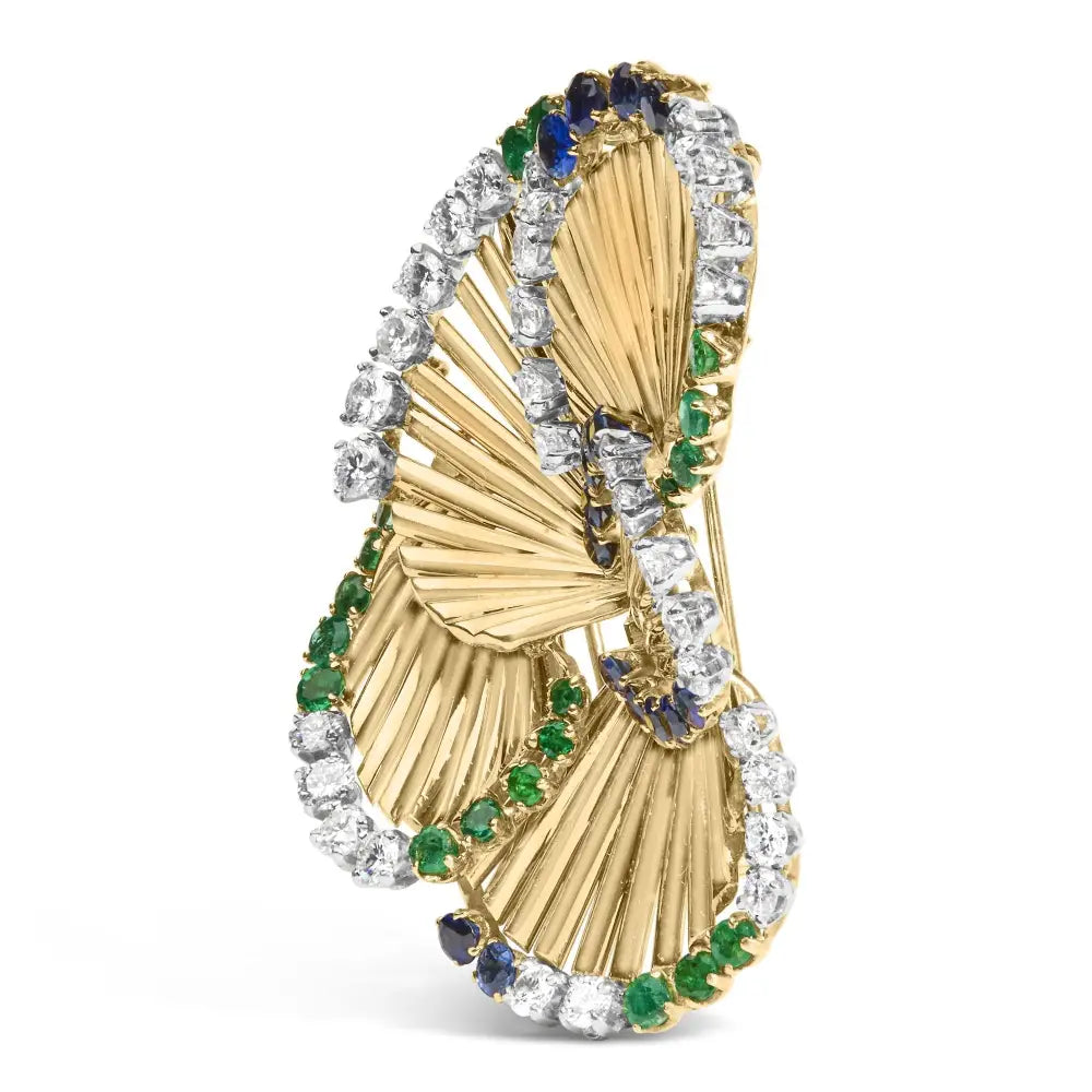 18k yellow gold diamond sapphire and emerald sculpted petal brooch 2 1/3 cttw bijoux-nyc direct