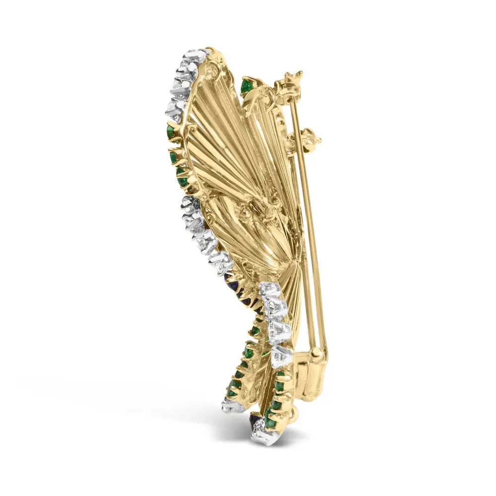 18K Yellow Gold 2 1/3 Cttw Diamond, Sapphire, and Emerald Sculpted Petal Brooch Pin (G-H Color, VS1-VS2 Clarity) - Bijoux-NYC Direct