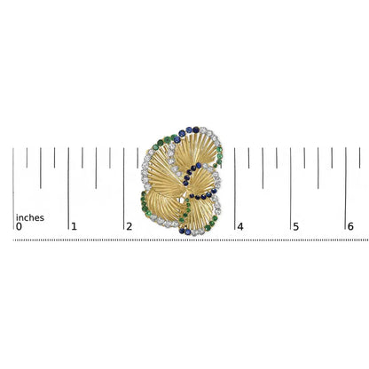 18K Yellow Gold 2 1/3 Cttw Diamond, Sapphire, and Emerald Sculpted Petal Brooch Pin (G-H Color, VS1-VS2 Clarity) - Bijoux-NYC Direct