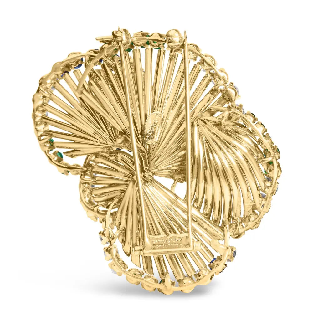 18k yellow gold diamond sapphire and emerald sculpted petal brooch 2 1/3 cttw bijoux-nyc direct